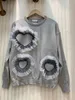 Autumn european Design women's o-neck long sleeve gauze patchwork love heart embroidery knitted loose sweater pullover jumpers