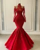 Modest Red Lace Mermaid Arabic Dubai Evening Dresses Appliques Beaded Long Prom Formal Gowns Full Sleeves 2022 Robe De Soiree1934