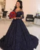 2021 Nya Sexiga Aftonklänningar Använd illusion Full Lace Navy Blue Crystal Beaded Formella Långärmad Plus Size Prom Dress Vestidos De Fiesta