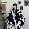 Koreanische Wintermode Mantel Harajuku Kühe Drucken Lose Volle Hülse Lederjacke Vintage Flanell Warm Halten Baumwollmantel 210712