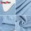 Pull surdimensionné pour femmes tricoté automne hiver col en V bleu pull en tricot épais à manches longues blanc chaud chandails pour femmes 210812