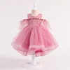 Yaz kız dantel elbise omuz tüyü çocuk prenses çiçek yüksek düşük çocuk giysileri E25 210610