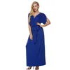 Summer Arrival Sexy Dress Women Short Batwing Sleeve Solid Loose Maxi V Neck Long With Sash Free 210527