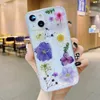 Étuis pressés de vraies fleurs sèches élégantes pour iPhone 15 14 13 Pro MAX 12 11 XR XS X 8 7 Plus Feuille de paillettes séchées Bling Floral Fashion Soft TPU Silicone Couverture de téléphone transparente