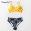 SEASELFIE Bikini push-up a vita alta Set da donna Sexy giallo e con stampa di palme Due pezzi Costumi da bagno Costume da bagno da spiaggia 210702