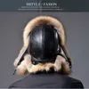 2021 Russian Leather Bomber Hat Men Winter Hats with Earmuffs Trapper Earflap Cap Man Natural Raccoon Warm Thick Fox Fur Black New1444660