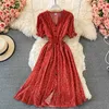 Vintage Women Single Breasted Printed Midi Dress Red/Blue/Green Puff Short Sleeve High Waist Vestidos Summer Female Robe 2021 Y0603