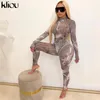 Kliou women skinny hollow out two piece set full sleeve o-neck sexy pants elastic hight streetwear summer outfit 210707