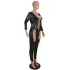 Women's Jumpsuits & Rompers Sexy Long Sleeve Women Jumpsuit Hollow Out Bandage Shiny PU Leather Clubwear Party Night Club Bodycon Ladies