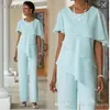 2021 New Mint Green Mother Pants 정장 웨딩 게스트 드레스 Chiffon Short Sleeve Tiered Bride Pant Suits Trousers6380376