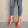 Fatti a mano di grandi dimensioni US5-15 Sandali con tacco alto da donna Cinghie incrociate con lacci delle scarpe Immagini reali Festa da sera Prom Moda Scarpe estive rosse D638