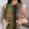 Damenmode 3D-gestreiftes, figurbetontes Netzkleid für Frauen 2021 Sommer ärmellose dehnbare Miniweste Kleider Club Party Damen Robe Kleidung Kleidung