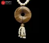 Pendant Necklaces Qingmos Natural 6-7mm White Pearl Necklace For Women 19" Chokers With 40mm Donuts Brown Agates Jewelry