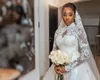 Plus Size Arabic Aso Ebi Wedding Dresses with Detachable Train Luxury Lace Applique High Neck Muslim Royal Mermaid Wedding Bridal Gown