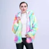 Kvinnor Kort Hooded Fur Coat Color Hair Tjockning Varms stil Rainbow Faux Jacket Winter Outwear 211213