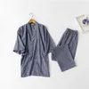 남성 여성을위한 전통적인 기모노 잠옷 순수한 면화 느슨한 스타일 목욕 유카타 탑스 바지 잠옷 세트 커플의 잠옷 210809