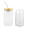 Koffiemokken 16oz Sublimatie Blanks Cola Can Tumbler Glazen Bekers Clear Frosted Jar Brede Mond Mok Bier Iced Tea Glazen Met Bamboe Deksel Rietjes sxm11