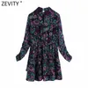 Zevity Donna Vintage Colletto alla coreana Stampa floreale Mini abito in chiffon Lady Chic Pieghe Manica a sbuffo Casual Ruffles Vestido DS4745 210603