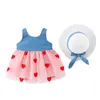 Citegeett Verão 0-3y princesa meninas meninas rendas tutu vestido + chapéus 2 pcs denim laço retalhos coração impresso sundress sem mangas q0716