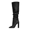 lady sheepskin leather square chunky high heels Knight Boots Pleated women thigh-high booties pillage toes long knee party wedding shoes big siz 34-48