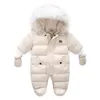 الأطفال الشتاء بذلة الفراء هود طفلة صبي snowsuit الروسية الشتاء الرضع ملابس خارجية ovealls الطفل سميكة مع قفازات 210827