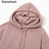 Yiyiyouni förtjockad fleece hooded tröja och byxor två bitar set kvinnor höst vinter casual solid sweatpants kvinnliga outfits 211126