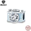 Bisaer câmera fotografia beads 925 esterlina prata brilhante zircão azul encantos cabe diy mulheres pulseira colar pingente efc264 q0531