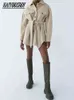 za Women Chic Wool Coats With Belt Solid Long Sleeve Pockets Shirt Jackets Outerwear Turn Down Collar Elegant Coat 211130