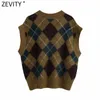 Zevity Women Vintage V Neck Rhombic Gitter Casual Stickning Vest Sweater Damer Chic Waistcoat Pullovers Retro Jumper Tops S499 210603