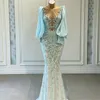 Moderne Mermaid Avondjurken Losse Lange Mouw Prom Glozen Kant Applique Sheer Hals Sexy Party Jurk