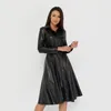 Pu läder sexig alinklänning rashes fickor långärmad vinter svart klänning elegant vintage mode streetwear 210303