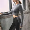 2021 Lange mouwen Running Shirts Dames Sexy Exposed Navel T-shirts Sneldrogende Fitness Gym Crop Tops Solid Sportshirts G220228