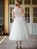 Superbes robes de mariée robe nuptiale en dentelle applique Bateau décolleté en tulle longueur de thé sur mesure