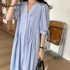 Yitimuceng Midi Dresses for Women Ruched Lace Up Puff Sleeve High Waist Unicolor White Blue Sundress Summer Fashion Dress 210601