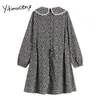 Yitimuceng Print Vintage Dress Women Black Spring Loose High Waist Långärmad O-Neck Office Lady French Fashion Clothing 210601