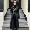 Autumn Long Women Pu Leather Jackets Turn Down Collar Female Faux Leather Trench Coats with Pockets Single Breasted Belt Jackets 211110