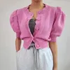 Korejpaa Femmes Pull Été Coréen Chic Fille Tempérament Dentelle Col Rond Lloose Simple Boutonnage Manches Bouffantes Cardigan 210526