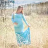 Långärmad Maxi Maternity Dress för Po Shoot Elegant monterad klänning Graviditet Baby Shower Kvinnor POGGE PROP 210721