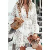 Damen-Urlaubskleid, sexy weiße Spitze, ausgehöhlt, Strand-Bikini-Vertuschung, Boho-Party, Sonne, Mini-Sommerkleid mit tiefem V-Ausschnitt