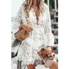 Kobiety Suknia Wakacje Seksowna Biała Koronka Hollow Out Beach Bikini Cover Up Boho Party Sun Mini Deep-V Neck Sundress