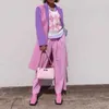 Y2K Vintage Argyle Maglione Gilet anni '90 Donna senza maniche con scollo a V Maglione rosa Plaid lavorato a maglia Pullover Autunno Inverno Abbigliamento femminile Y0825