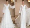 Simple Sexy Manches Bouffantes En Mousseline De Soie Boho Robe De Mariée Robes De Mariée Col En V Ruché Drapé Balayage Train Robes D'occasion Spéciale Sur Mesure Robe De Noiva