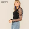 Colrovie Black Dot Mesh Gigot Sleeve Skinny Tee 여성 캐주얼 숙녀 티 워터 스트리트웨어 슬림 맞춤 매혹적인 풀오버 탑 T200512