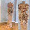 2022 Luxurious Gold Sequined Lace Prom Dresses Wear Crystal Beaded Sequins African Dubai V Neck Long Sleeves Mermaid Evening Vintage Formal Party Pageant Gowns