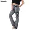 Jeans Femme Taille Haute Jambe Large Y2K Cargo Flare Vintage Casual Multi Poche Lavé Denim Bell Bottom Pantalon Plus Taille 211129