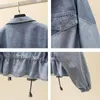 Jaquetas femininas 2022 Outono jaqueta jeans para mulheres emenda de manga comprida jeans solto cordão cintura sobretudo casual outwear feminino 872