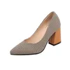 Dress Shoes Vintage Pointed Toe High Heels Women Solid Gingham Heel Women's Sahoes Black Ladies Work Z772