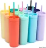 16oz Acrylic Tumblers With Lid Straws Plastic Tumbler Double Wall Milk Coffee Cups Matte Candy Colors Slim Cup For Travel FY4409