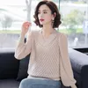 Elegant knitting V-Neck Lantern Sleeve Hollow out tops Women Fashion loose sexy sweater ladies Chic large size casual new base X0721
