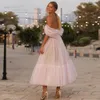 Cheap New Arrival Light Pink A Line Cocktail Dresses Off Shoulder Sweetheart Tiered Tulle Ruffles Tea Length Formal Evening Party Gowns